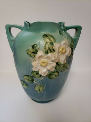 Vintage 1940 Roseville Pottery Vase 991 - 12 White Rose Flower Blue Antique Rare