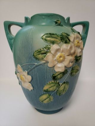 Vintage 1940 Roseville Pottery Vase 991 - 12 White Rose Flower Blue Antique Rare 2