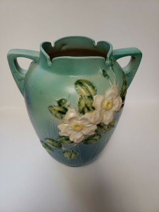 Vintage 1940 Roseville Pottery Vase 991 - 12 White Rose Flower Blue Antique Rare 3