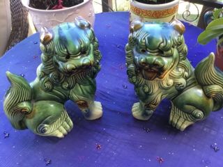 Vintage Chinese Ceramic Foo Dogs Lions Set Of 2 Asian Mid Century Modern
