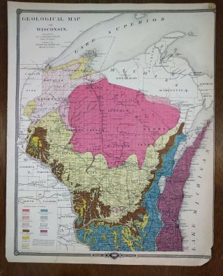 Vintage 1877 (dated) Wisconsin Geological Atlas Map Old Antique Lead Mining
