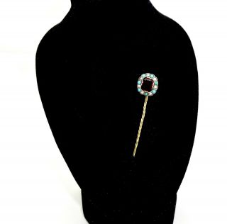 Antique 14k Solid Gold 925 Top Seed Pearl Turquoise Garnet Stickpin