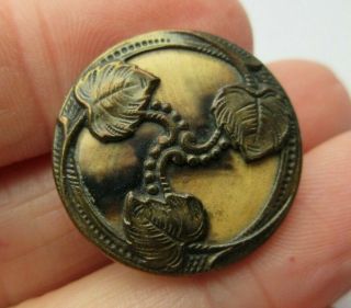 Fabulous Antique Vtg Victorian Celluloid In Metal Button W/ Leaves 7/8 " (j)
