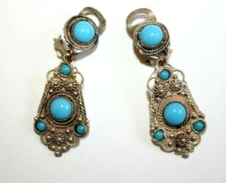 Vintage Art Deco/ Egyptian Revival Style Turquoise & Silver Drop Clasp Earrings