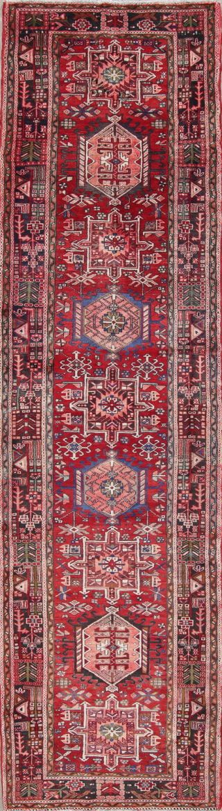 Vintage Geometric Tribal Gharajeh Oriental Hand - Knotted 4x15 Red Wool Runner Rug