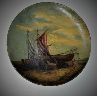 Here Is A Antique 19th C.  Oil Painting Boat,  On A Concave Paper Mache