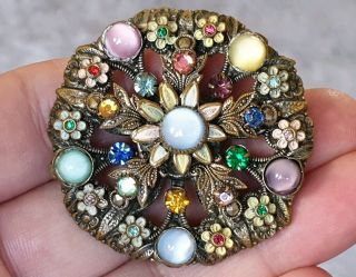 Edwardian Vintage Czech Jewellery Crystal Cabochon Gold Filigree Brooch Pin