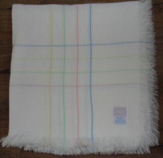 Vtg All Mine White Acrylic Baby Blanket Pastel Stripe Plaid Woven Fringe