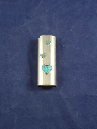 Turquoise Metal Cover Case Hearts Cigarette Lighter Holder