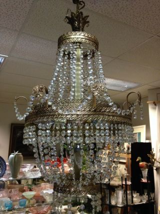 Antique Vintage Large Crystal Chandelier Ceiling Lamp 1940 