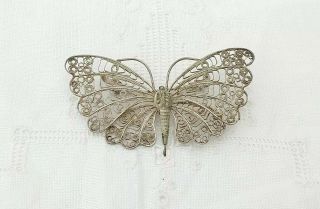 Antique Vintage Large Sterling Silver Filigree Butterfly Pin Brooch Insect Bug