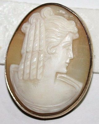 Big Antique Silver Gold Pl Shell Cameo Hand Carved Lady Profile Brooch Pendant