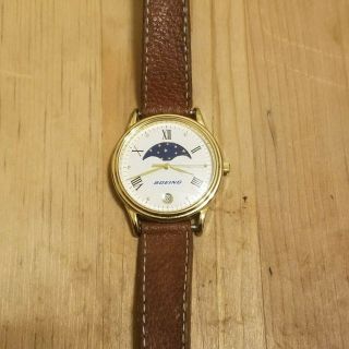 Vintage Timex Lady Gold Tone Moon Phase Leather Quartz Watch Rare Boeing Edition