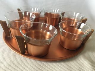 Set Of 6 Vintage Mcm Aluminum Copper Wood Glass Cup Tray Set Coffee Tea