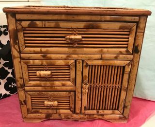 Vintage Antique Mini Mid Century Bamboo Tiki Chest Of Drawers Table Top Size