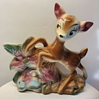 Vintage Bambi Walt Disney Productions Ceramic Pottery Planter Deer Bunny Rabbit