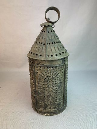Early Antique Primitive Punched Tin Hanging Candle Lantern American Folk Art