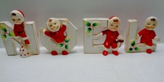 Adorable Vintage Made In Japan Christmas Girl Candle Holders Spelling Noel