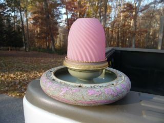 Gorgeous Antique S.  Clarke Pottery Fairy Lamp Base With Pink Satin Swirl Shade