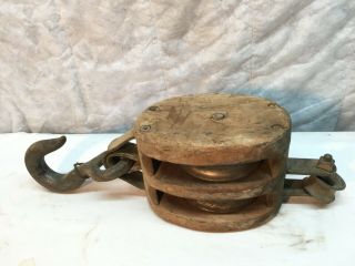 Vtg Wood Rope Block And Tackle Double Pulley Nautical Maritime Ship Metal Hook