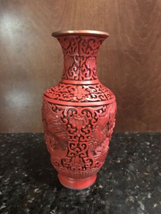 Chinese Cultural Revolution Period Carved Figure Red Lacquer Cinnabar Vase