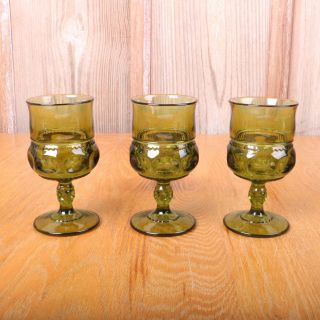 3 Indiana Glass Company Green Kings Crown Thumbprint Wine Goblets Vintage