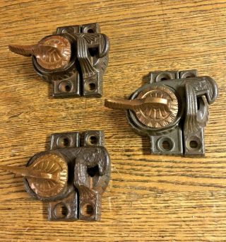 Three Antique Victorian Cast Iron/bronze Arm Eagle Claw Window Sash Locks,  C1886