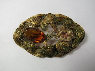 Antique Vintage Art Nouveau Flower Amber Glass Stone Enameled Sash Pin Brooch