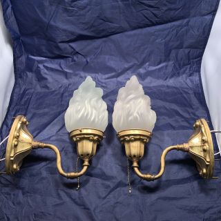 Antique 19th Century Yellow Brass Wall Sconces Pair Flame Globes 78d