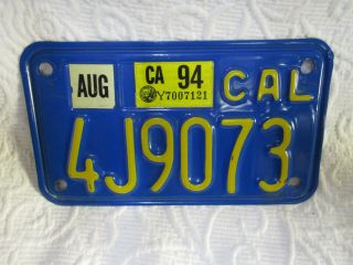 Vintage California Motorcycle License Plate 1994 Tag Blue Yellow 4j9073 Plate