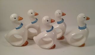 Vintage Napkin Ring Holders White Ceramic Geese/duck Set Of 5 Blue Ribbon Bows