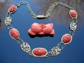 Lovely Antique Chinese Carved Coral And Gilt Silver Necklace & Pendant