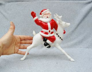 Celluloid Plastic Santa Claus Riding Reindeer Decoration No Light 9 3/4 " Vintage