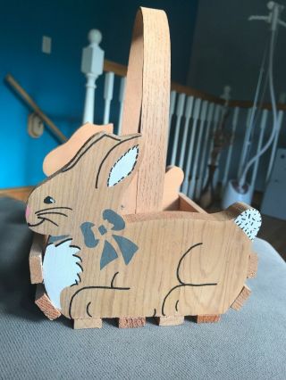 Vintage Sawmill Critters Hand Crafted Wooden Basket Bunny Rabbits Basket,  Signed