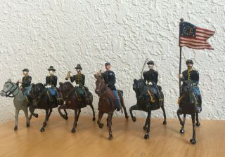 Vintage Set Of Six (6) Britains Lead Union Civil War Cavalry Soldiers On Horses