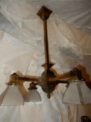 Arts & Crafts Mission Brass Pendant Chandelier W Old Frosted Panel Shades