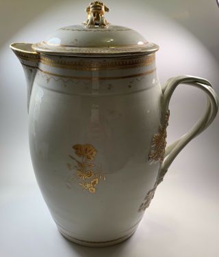 Chinese Antique Export Porcelain Large Cider Jug White Gold Tone Foo Dog Lid