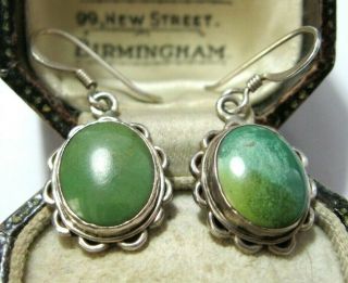 Vintage Sterling Silver Real Green Gem Stone Dangle Drop Earrings