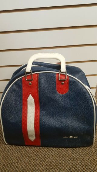 Vintage Amf Bowling Ball Bag Blue Red & White Inside Metal Rack