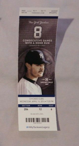 2014 York Yankees Vs Chicago Cubs 4/16/14 Ticket Don Mattingly