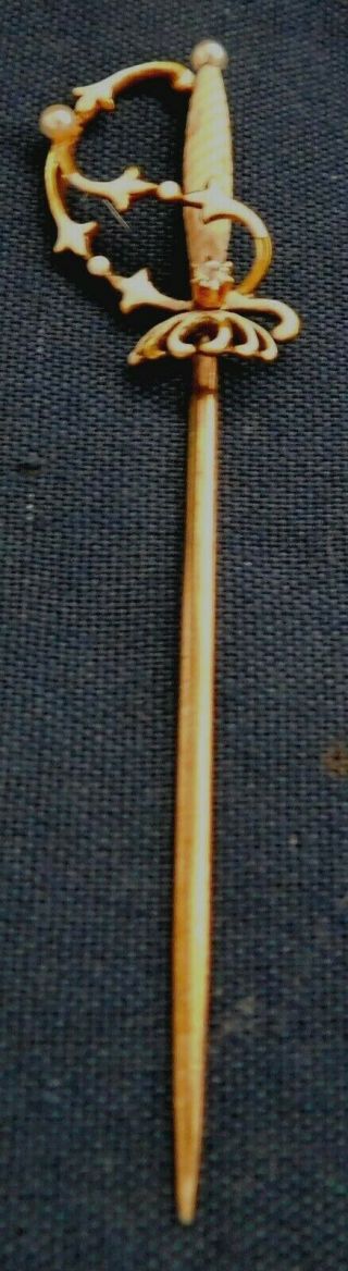 Antique 14k Gold Small Diamond 2 Pearls White Enamel Sword Stick Pin