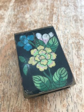 Vintage Cloisonne Enamel Match Box Holder Flowers On Brass Smoking Collectible