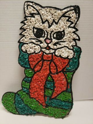 Vintage Htf 17 " Melted Popcorn Plastic Cat In Christmas Stocking Wall Decoration