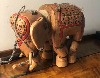 Vintage Hand Carved Wood Marionette Circus Elephant Puppet 8”x 7” Real Hair Tail