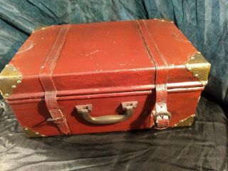 Set Of 3 Vintage Luggage Suitcases Wood With Leather Cover & Brass Finials (b)