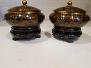 Set Of 2 Vintage Chinese Enameled Cloisonne Bowls W/ Lid And Wooden Stand