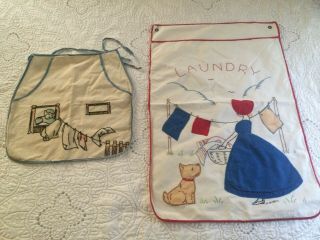 Vintage Linen Hand Embroidered Clothes Pin Apron & Laundry Bag