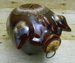 Vintage 1957 Corky Pig Hull Pottery H.  P.  Brown Drip Piggy Bank W/ Cork Nose Usa