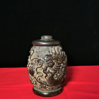 6 " Chinese Old Antique Sandalwood Wooden Handcarved Dragon Tea Caddy Jar Pot