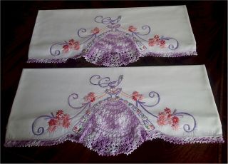 Vintage White Cotton Pillow Cases Hand Embroidered Southern Belle Lavender Lace